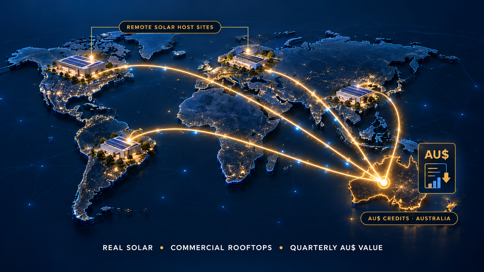 World map showing remote solar host sites with AU$ credits converging on Australia