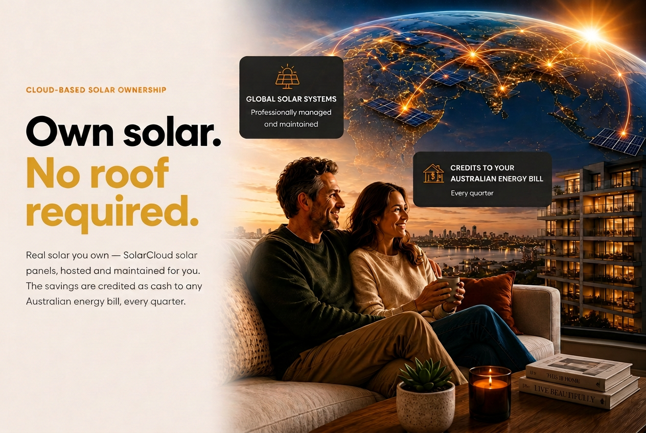 A couple on a sofa at sunset with a city skyline, solar panels and a glowing globe showing networked solar energy