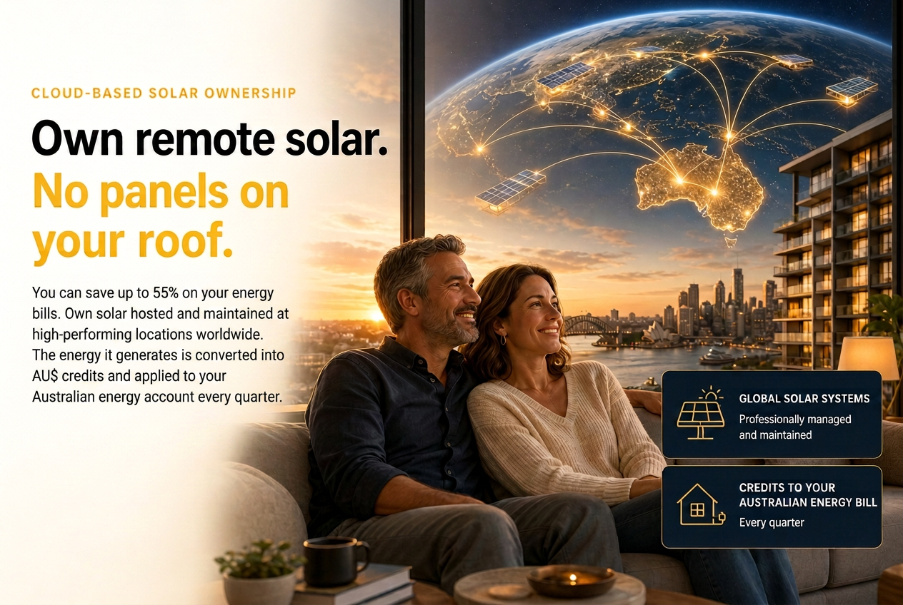 A couple on a sofa at sunset with a city skyline, solar panels and a glowing globe showing networked solar energy