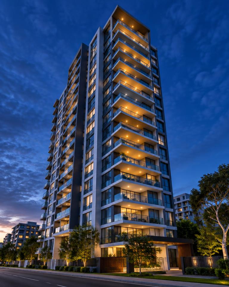 Modern apartment and office building with glass balconies